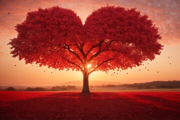 Valentine's day background with heart shaped tree in the field