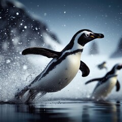 penguin on the  water snowy background