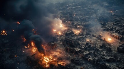 Aerial view of a city in the Middle East destroyed by an aerial bomb explosion with thick smoke billowing