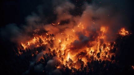 Fototapeta na wymiar Aerial view of a forest fire with dense smoke at night
