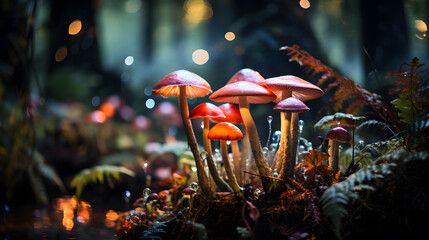A mesmerizing capture of a variety of mushrooms thriving in a mystical forest, showcasing the diverse and vibrant world of fungi. - obrazy, fototapety, plakaty