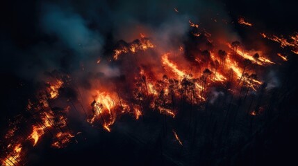 Aerial view of a forest fire with dense smoke at night
