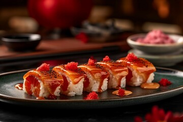a plate of spicy salmon nigiri, featuring the spicy and flavorful combination of fresh salmon slices topped with spicy sauce