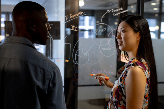 Happy diverse male and female colleague brainstorming, making notes on glass wall in office