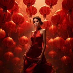 woman in red dress and chinese lanterns in the background