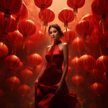 woman in red dress and chinese lanterns in the background