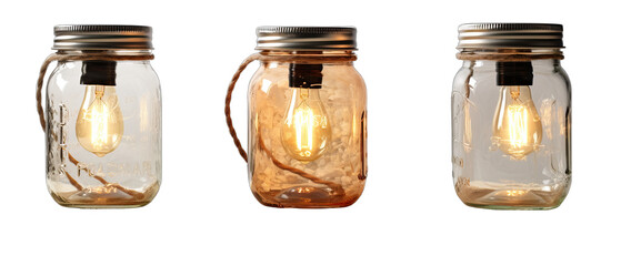 Set of Farmhouse Style Table Lamps with Mason Jars Isolated on Transparent or White Background, PNG