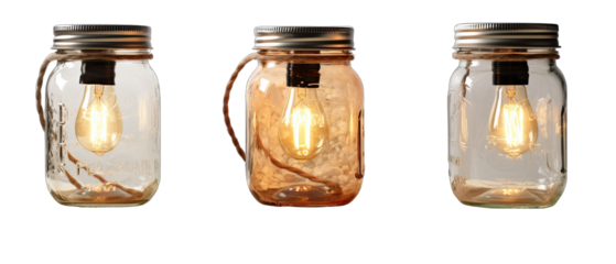Set of Farmhouse Style Table Lamps with Mason Jars Isolated on Transparent or White Background, PNG