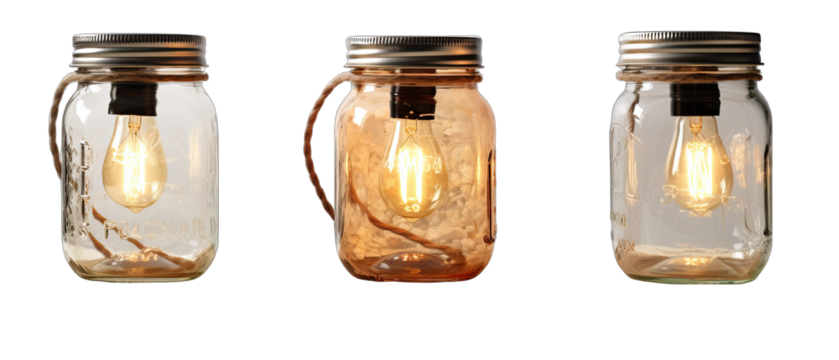 Set of Farmhouse Style Table Lamps with Mason Jars Isolated on Transparent or White Background, PNG