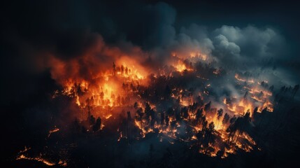 Fototapeta na wymiar Aerial view of a forest fire with dense smoke at night