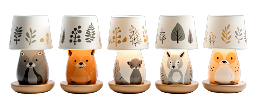 Children's Animal-themed Table Lamps Isolated on Transparent or White Background, PNG
