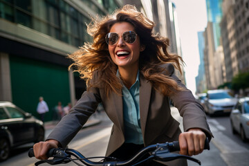 Naklejka premium City Commute Vibes: Cheerful Businesswoman Riding a Bike to Work, Embracing Urban Energy and Sustainable Transportation