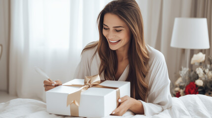 A joyful woman sitting on a bed, laughing with excitement as she holds a Christmas gift with a ribbon