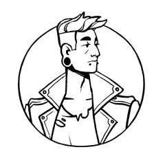 Brutal man face avatar in circle. Cool rock star, male character in leather jacket, tunnel earring, piercing. Person in rocker style head portrait. Outline isolated vector illustration on white