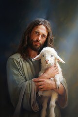 Jesus Christ the Shepherd, Holding a Lamb in his Arms Close to his Heart,  Portrait Painting 