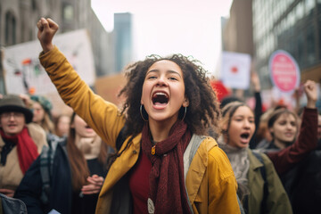 Fototapeta premium City Warriors for Climate Justice: Diverse Young People United in the Fight for a Sustainable Future, Taking a Stand in the Urban Landscape