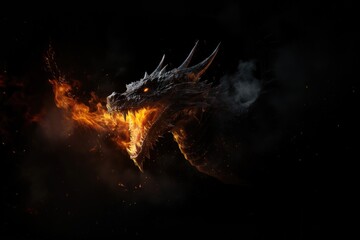 Realistic Dragon Breathing Fire on Black Background