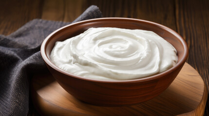 A luscious, smooth white cream is showcased in a wooden bowl, highlighting its glossy texture and rich consistency.