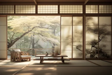 Fotobehang japanese style room decoration architecture room with door in front of nature © Yoshimura