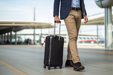 Man in classic suit with luggage goes to airport about to fly to business meeting on business trip. Legs of man with suitcase walking in airport terminal just returned from business trip from abroad.