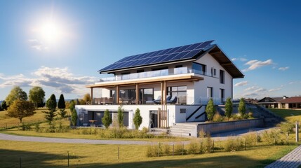 Fototapeta na wymiar Modern house with solar panels on its roof and beautiful blue sky