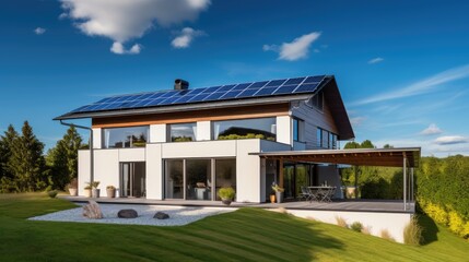 Modern house with solar panels on its roof and beautiful blue sky