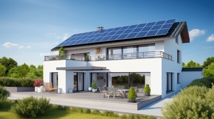 Modern house with solar panels on its roof and beautiful blue sky