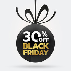 30% off. Black Friday sale tag, label or badge with ribbon bow. 30 percent price off 3d discount ball design. Promotion, marketing background or banner template. Vector illustration.