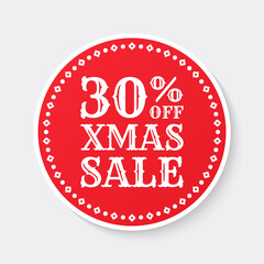 30% off. Xmas sale label, sticker or icon. Christmas discount banner. 30 percent price off sign, logo or circle badge design. Vector illustration.