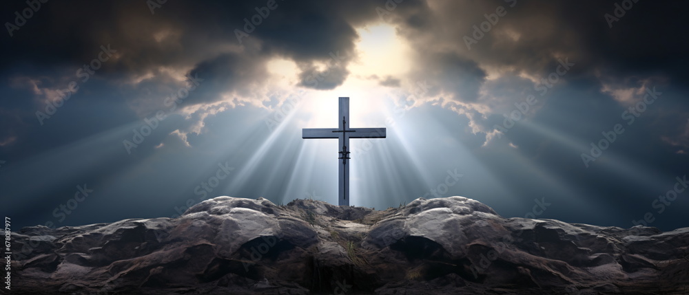 Wall mural the holy cross christ stone in the mountains. christian symbol of faith. happy easter. silhouettes o