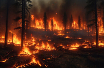 Burning forest at night.