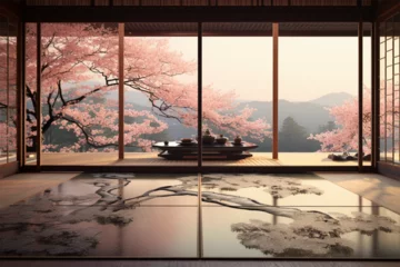 Fotobehang Japanese style decoration architecture, room with cherry blossom view © Goku