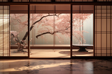 Japanese style decoration architecture, room with cherry blossom view