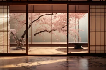 Wandcirkels tuinposter Japanese style decoration architecture, room with cherry blossom view © Goku