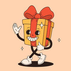 Christmas foods and drinks design with coffee, hot cocoa, cookie, gingerbread, present, christmas tree in trendy retro cartoon style. Character in groovy 50s, 60s, 70s Vintage Style