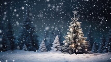 Obraz premium Black ornaments decorated Christmas&nbsp;tree background. Merry Christmas, Happy New Year concept. Beautiful festive&nbsp;dark glitter decorations balls and bokeh garland lights..