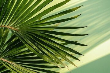Palm leaves on a green background or surface with shadow and sunlight, aesthetic look
