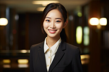 Fototapeta premium Service with a Smile: The Friendly Demeanor of a Young Asian Woman, Serving as a Hotel Receptionist, Promising Guests a Stay Full of Comfort and Courtesy