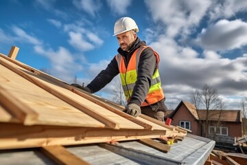 Caucasian mature man in hardhat is working on the construction of a wooden frame house. Male roofer is in process of strengthening the wooden structures of the roof of a house.