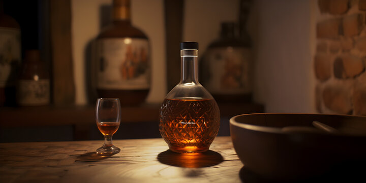 Carafe and glass with armagnac. Storage room of a distillery. Edited AI illustration.
