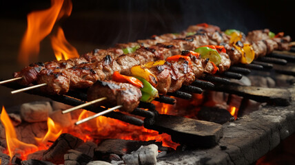 Meat kebabs with vegetables on flaming grill
