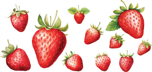 Set of watercolor strawberries on white background.