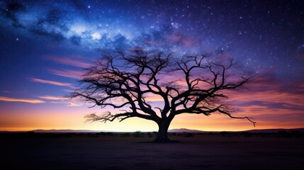 Fototapeta na wymiar Silhouette of dry tree in desert at night with amazing milky way