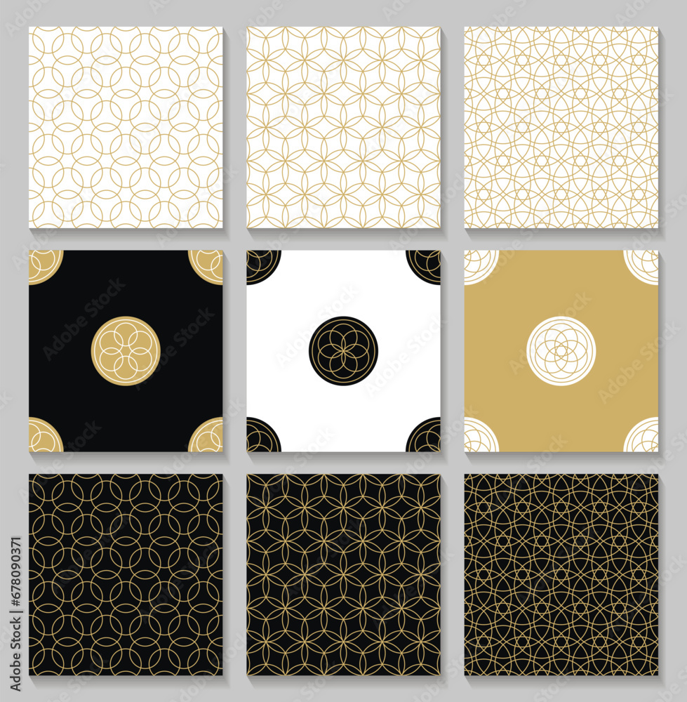 Poster seamless gold oriental patterns and logos set. islamic templates with shadows. arabic linear texture