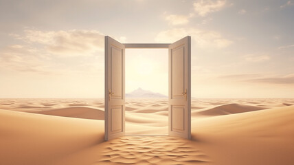 Open door on desert. startup concept.