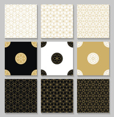 Seamless gold oriental patterns and logos set. Islamic templates with shadows. Arabic linear textures. Vector brochures.