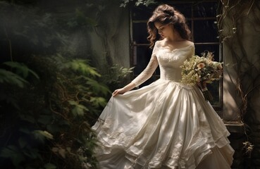 woman in a wedding dress outdoors, Beautiful bride  on the nature, romantic young woman 
