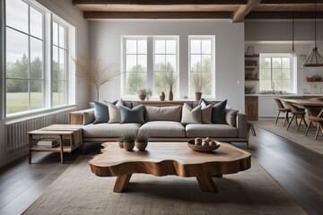  Live edge wooden coffee table near corner sofa. Interior design of modern living room in farmhouse 