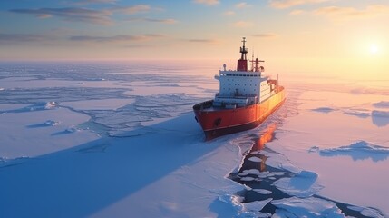 Icebreaker goes on the sea among the blue ice at sunset, aerial view. - obrazy, fototapety, plakaty