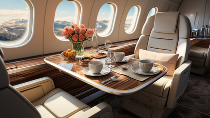 A private airplane in the style of modern luxury restaurant. business class